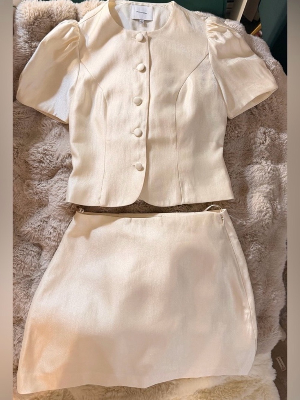 Reformation Cream Puff-Sleeve Button Front Mini Skirt Set